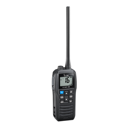 Black handheld radio with digital display on a white background ICOM M25 EVO VHF Radio