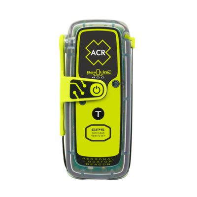 ACR ResQlink 400 PLB, a personal locator beacon with green and black color scheme, featuring clips for attachment and buttons for operation.