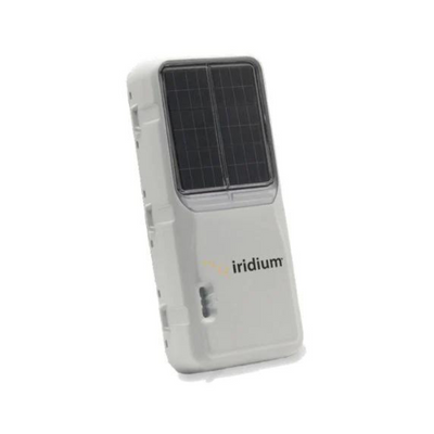 A white Iridium Edge Solar device with solar panels on the top.