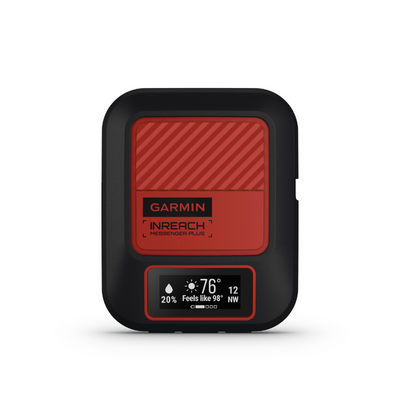 Garmin inReach Messenger Plus satellite communicator device with a red and black casing, displaying the time, battery level, and a weather widget on its monochrome screen.