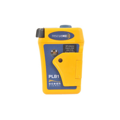 Ocean Signal rescueME PLB1 personal locator beacon device in yellow and blue color with a button and a retractable antenna.