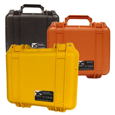Three Pelican cases in black, orange, and yellow colors, displayed vertically with the brand logo visible on each case.
