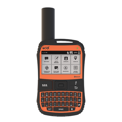 A SPOT X satellite messenger device with an antenna, display screen showing various application icons, and a physical keypad. The device is colored orange and black with a label 'SPOT X' on the front.